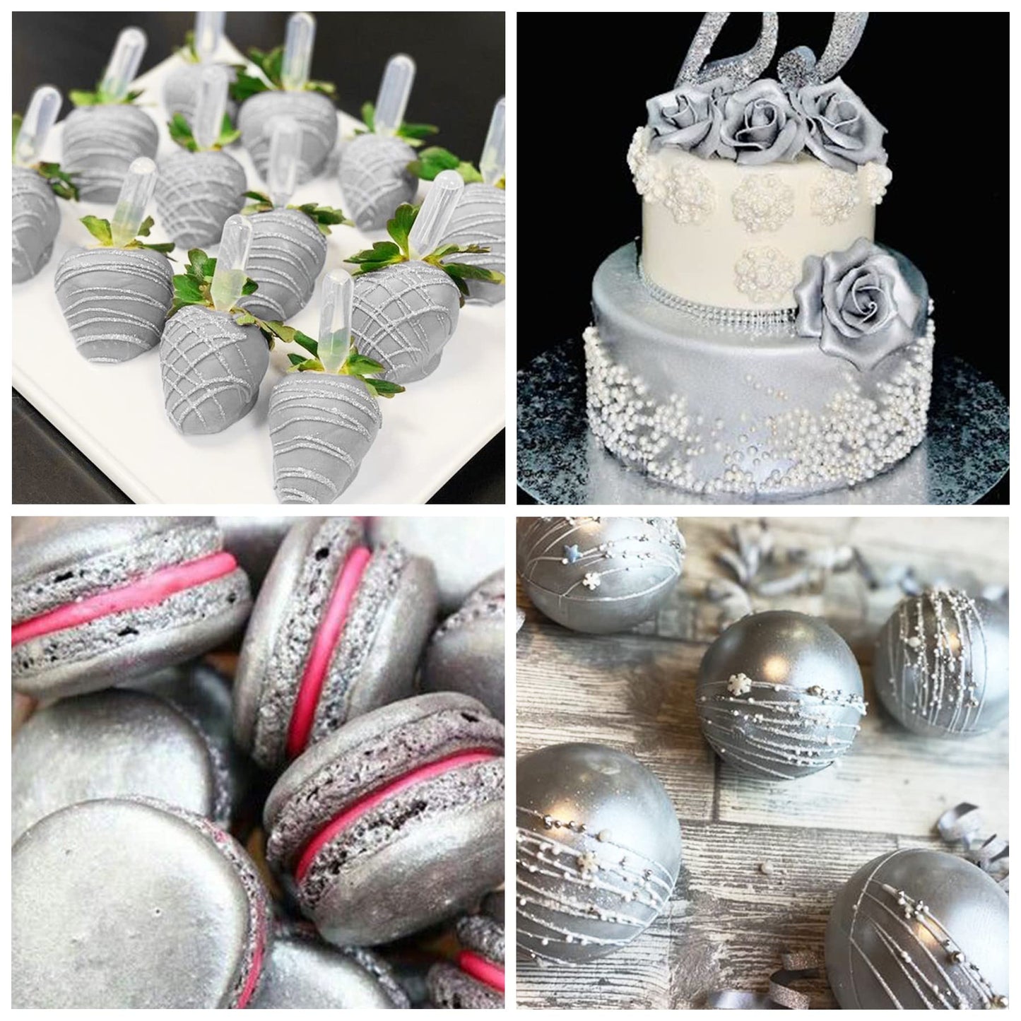DecorRom Luster Dust Edible Set - 5 Food Grade Shimmer Powders in Spray Bottle - Silver Color