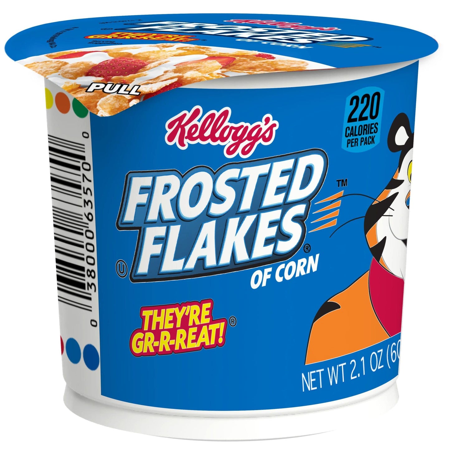 Kelloggs Frosted Flakes Cold Breakfast Cereal Cup, 8 Vitamins and Minerals, Kids Snacks, Original, 2.1oz (1 Cup)