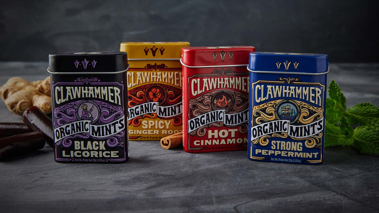 Clawhammer Organic Mints Hot Cinnamon | Organic Cane Sugar | 30 Count Tin (Pack of 12) | Vegan, Gluten Free, Kosher Certified