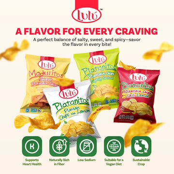 LULU Lemon Plantain Chips Variety Pack - 30 Bags, Lightly Salted with 12 Lemon, 10 Salted, 4 Chili, 4 Sweet - 2.5 O