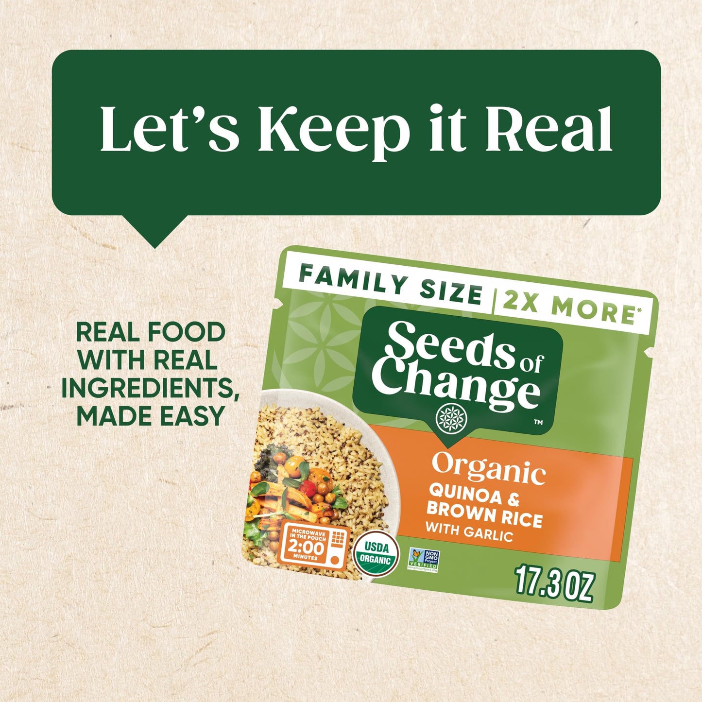 SEEDS OF CHANGE Organic Quinoa & Brown Rice with Garlic Family Size, Organic Food, 17.3 oz Pouch (Pack of 6)