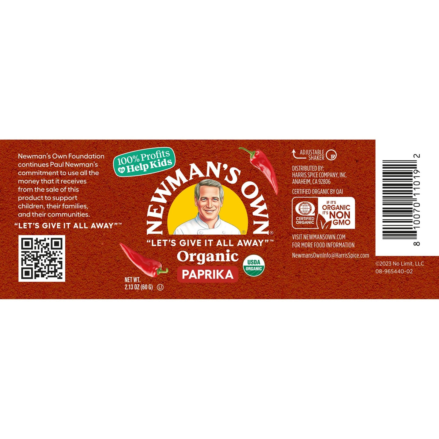 Newman'S Own Organic Paprika; Great On Meats, Stews, Soups, Usda Certified Organic, Non-Gmo, Kosher, 2.13Oz. Bottle