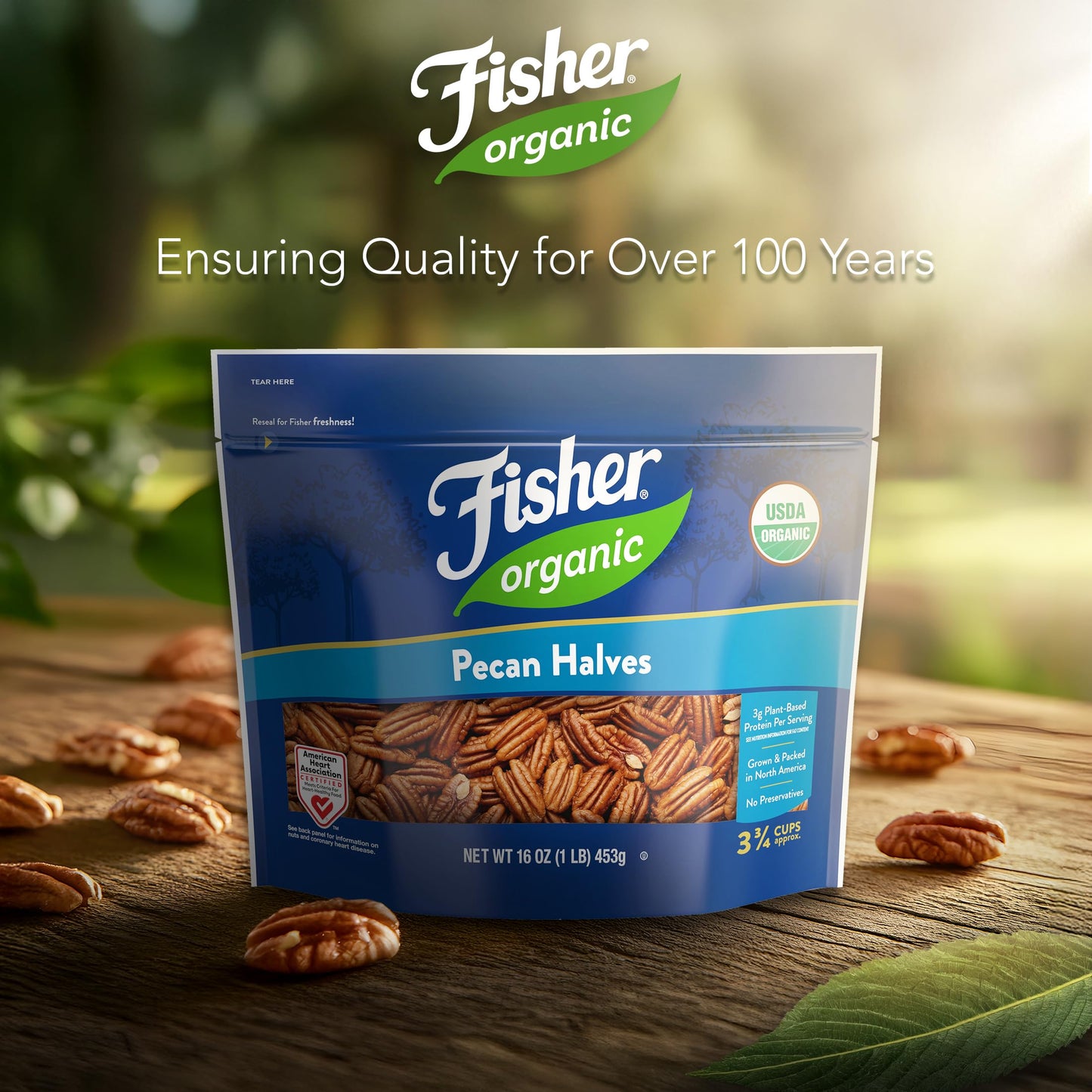 Fisher Organic Pecans Halves 16 oz  USDA Certified Organic  Unsalted Raw Pecans  North American Grown  Non-GMO  No Preservatives  Keto & Paleo Friendly  Heathy Snack for mature-themeds  Resealable Bag