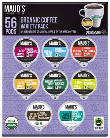 Maud'S Organic Coffee Pods Variety Pack, 56 Ct | 8 Assorted Coffee Flavors | 100% Organic Arabica Roasted Coffee | Solar Energy