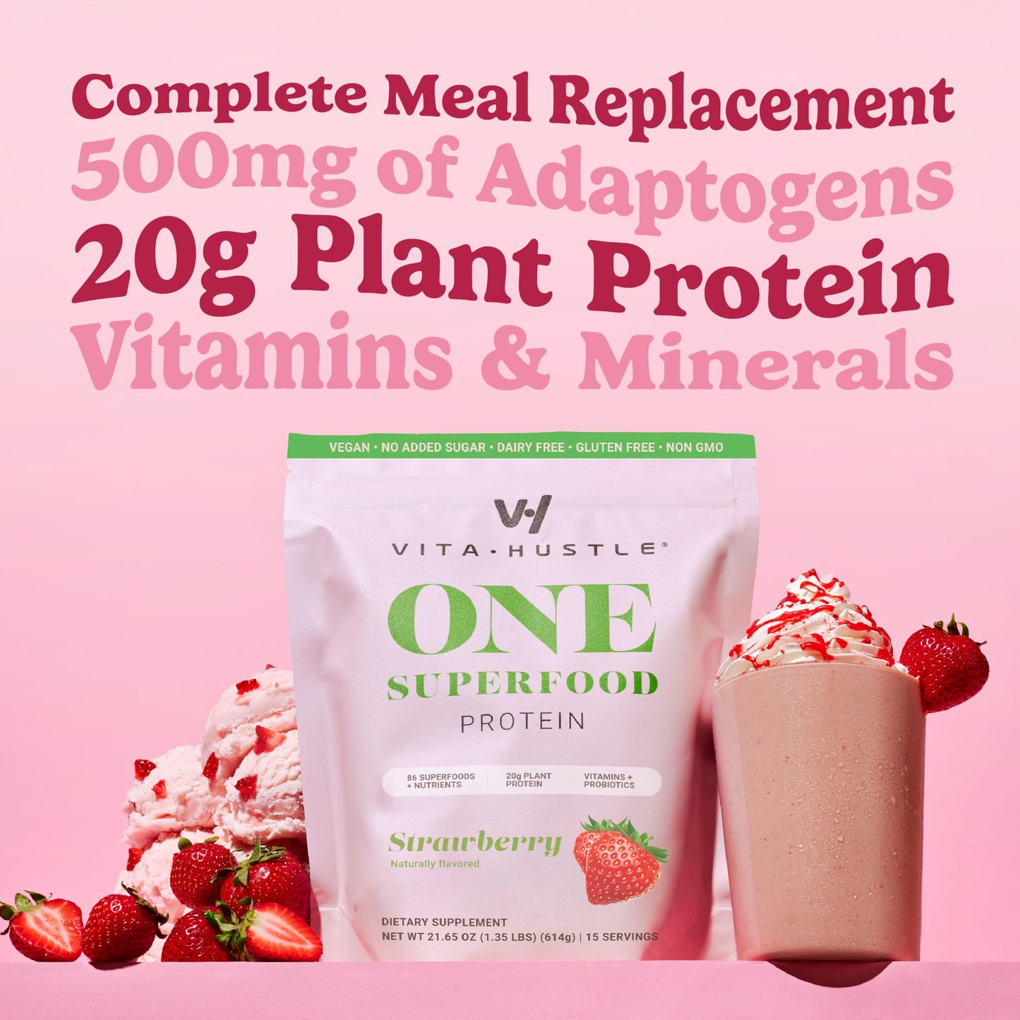 VitaHustle ONE Meal Replacement Shake - Plant Based Protein Powder, Strawberry Flavor, 10.9 Ounce (Pack of 2), Vegan, with Superfoods