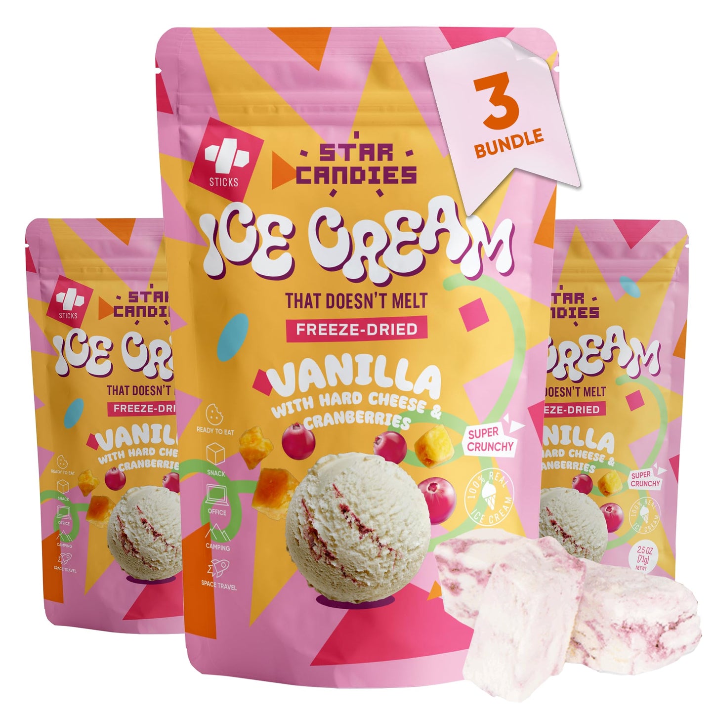Star Candies Freeze Dried Ice Cream Hard Cheese with Cranberries | No Melting Freeze Dried Candy | Crunchy Camping Food | Premiu
