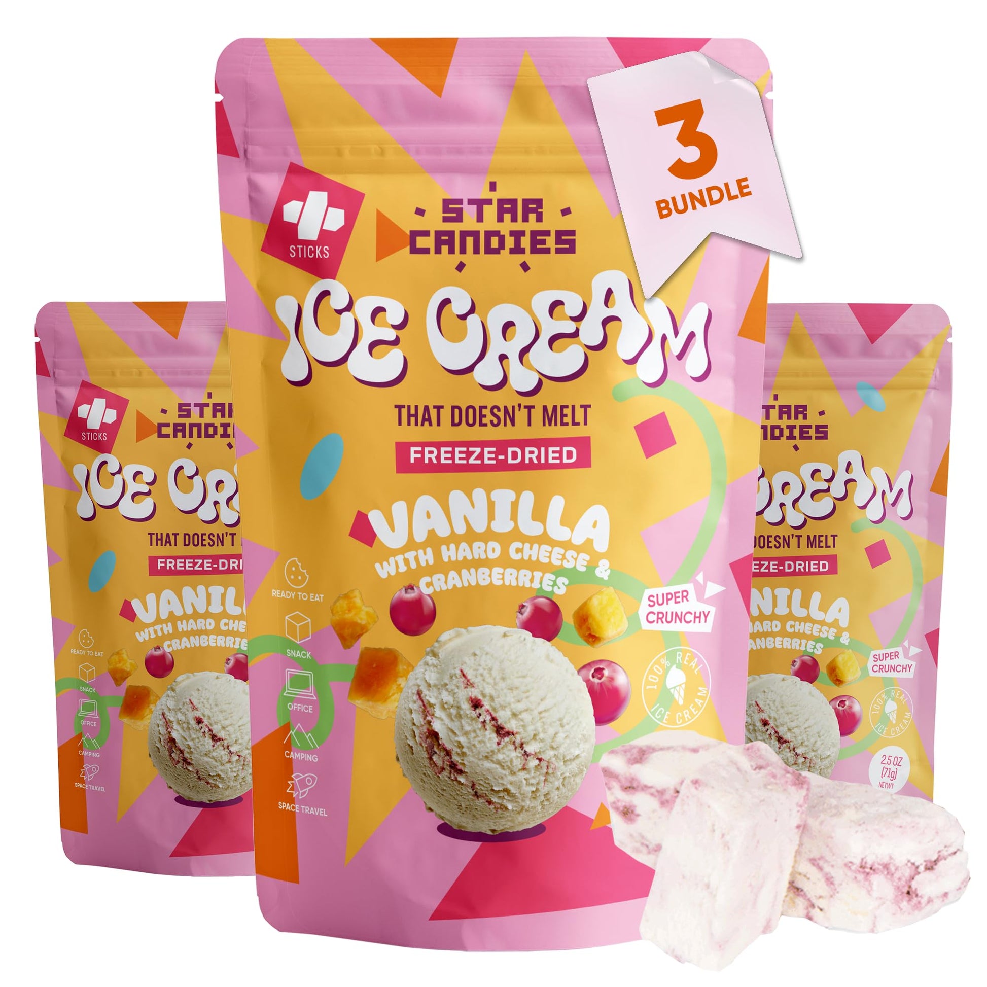 Star Candies Freeze Dried Ice Cream Hard Cheese with Cranberries | No Melting Freeze Dried Candy | Crunchy Camping Food | Premiu