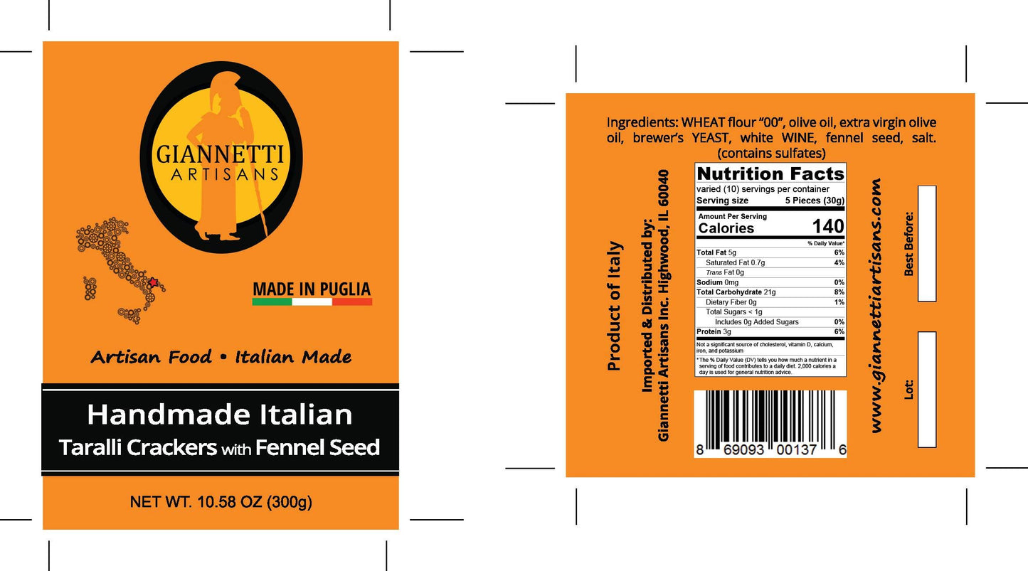 Giannetti Artisans Taralli  ers with Fennel Seeds - Pack of 2, 5.29 Ounce Each, Imported from Puglia