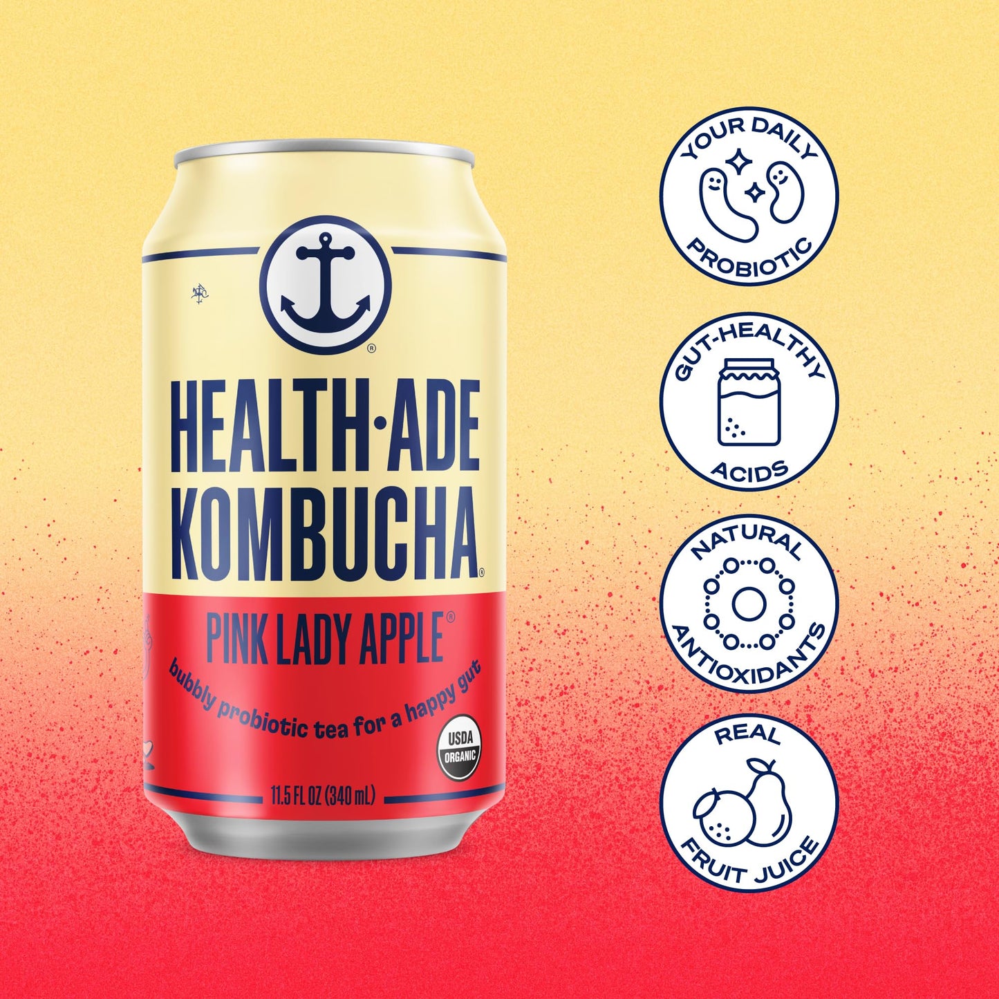 Health-Ade Pink Lady Apple Kombucha, Organic Drink, 12-Pack (11.5 Fl Oz Cans) - Fermented Tea With Probiotics, Non-Gmo, Vegan, G