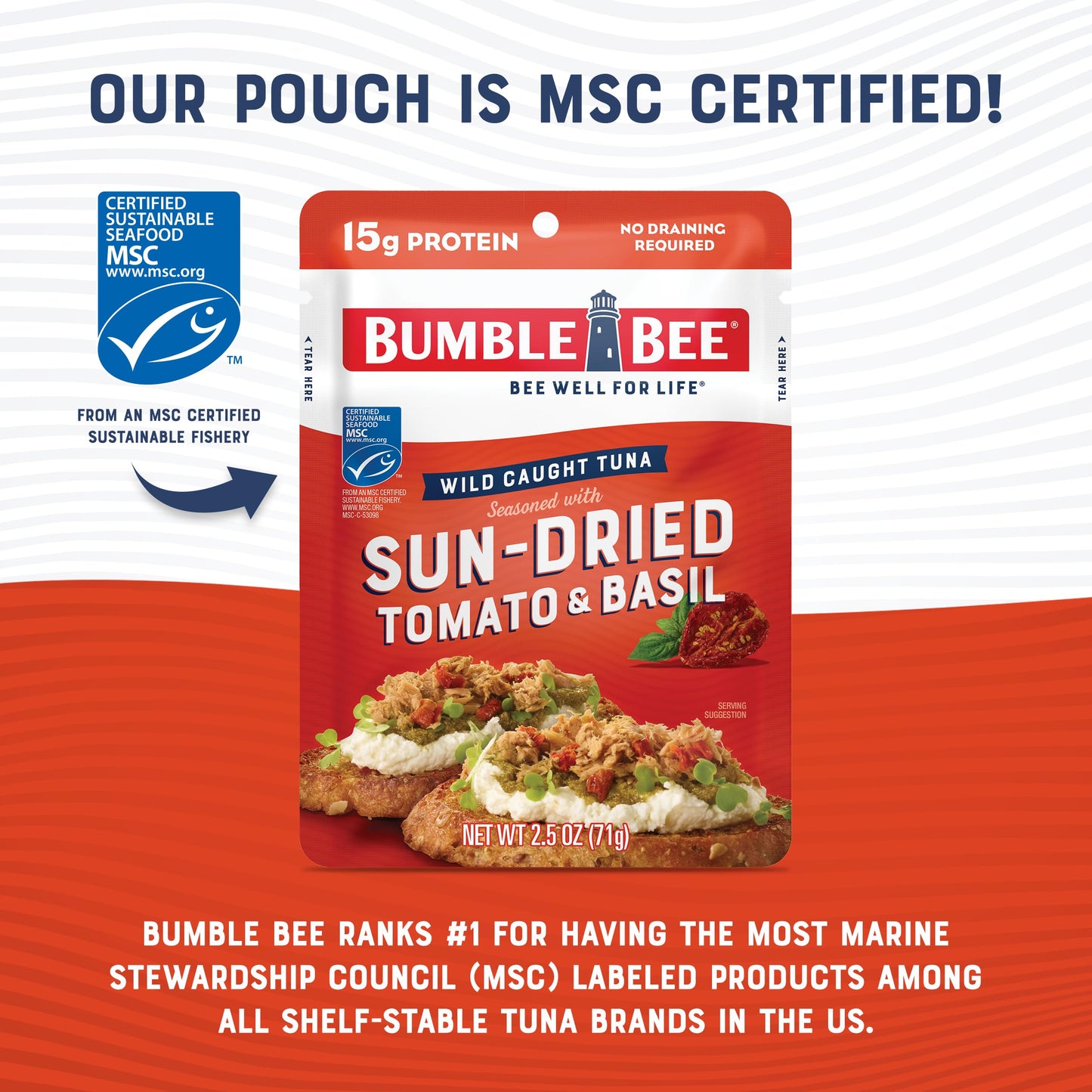 Bumble Bee Sun-Dried Tomato & Basil Seasoned Tuna, 2.5 Oz Pouches (Pack Of 12) - Ready To Eat - Wild Caught Tuna Pouch - 15G Protein Per Serving - Gluten Free