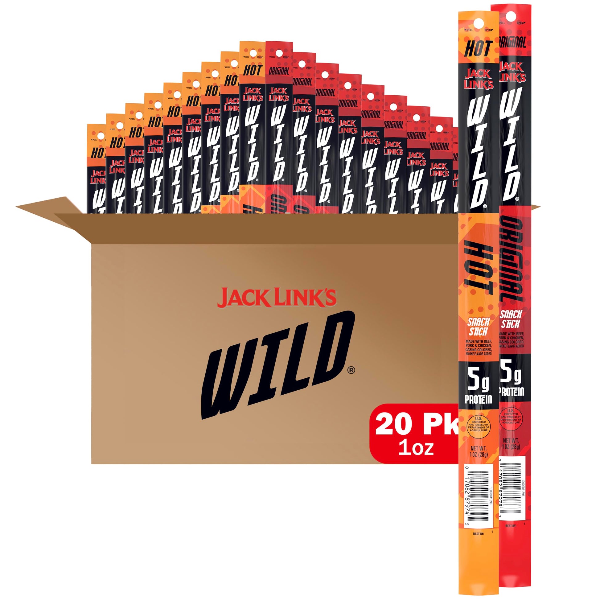 Jack Link s WILD Snack Sticks, Original and Hot Variety Pack - Protein Snack Sticks with 5g of Protein per Serving, Keto Friend