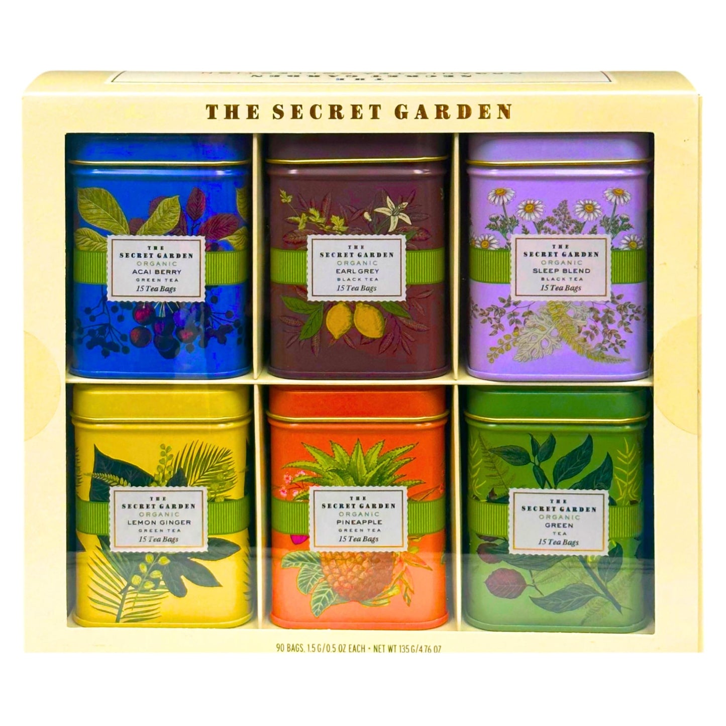 Organic Tea Sampler Gift Set 90 Bags In 6 Designer Tins Enhanced Assorted Flavors: Acai Berry, Earl Grey, Sleep Herbal, Lemon Ginger, Pineapple, Green Tea