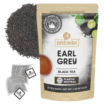 BREWIX, Earl Grey Tea Bags (22 Pyramid Tea Bags) Long Leaf Indian Black Tea with Bergamot, Packed in Resealable Ziplock Pouch | 
