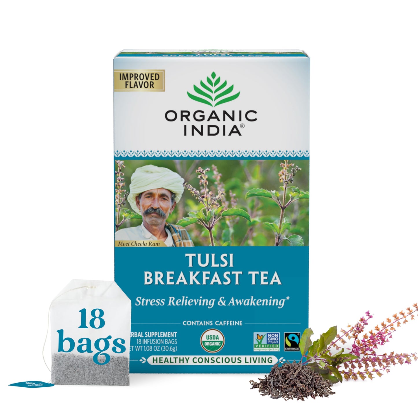 Organic India Tulsi Breakfast Herbal Tea - Holy Basil, Stress Relieving & Awakening, Immune Support, Adaptogen, Vegan, USDA Cert