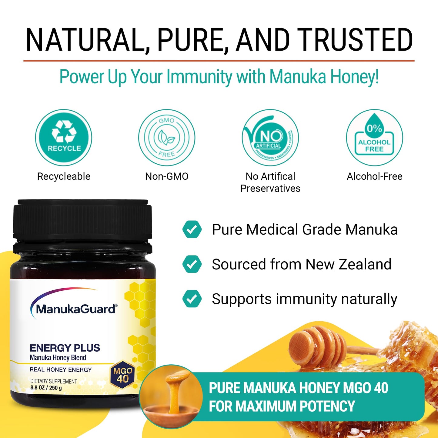 Manukaguard Enhanced Gold Energy Mgo 40 8.8 Oz. / 250G Raw Manuka Honey Blend