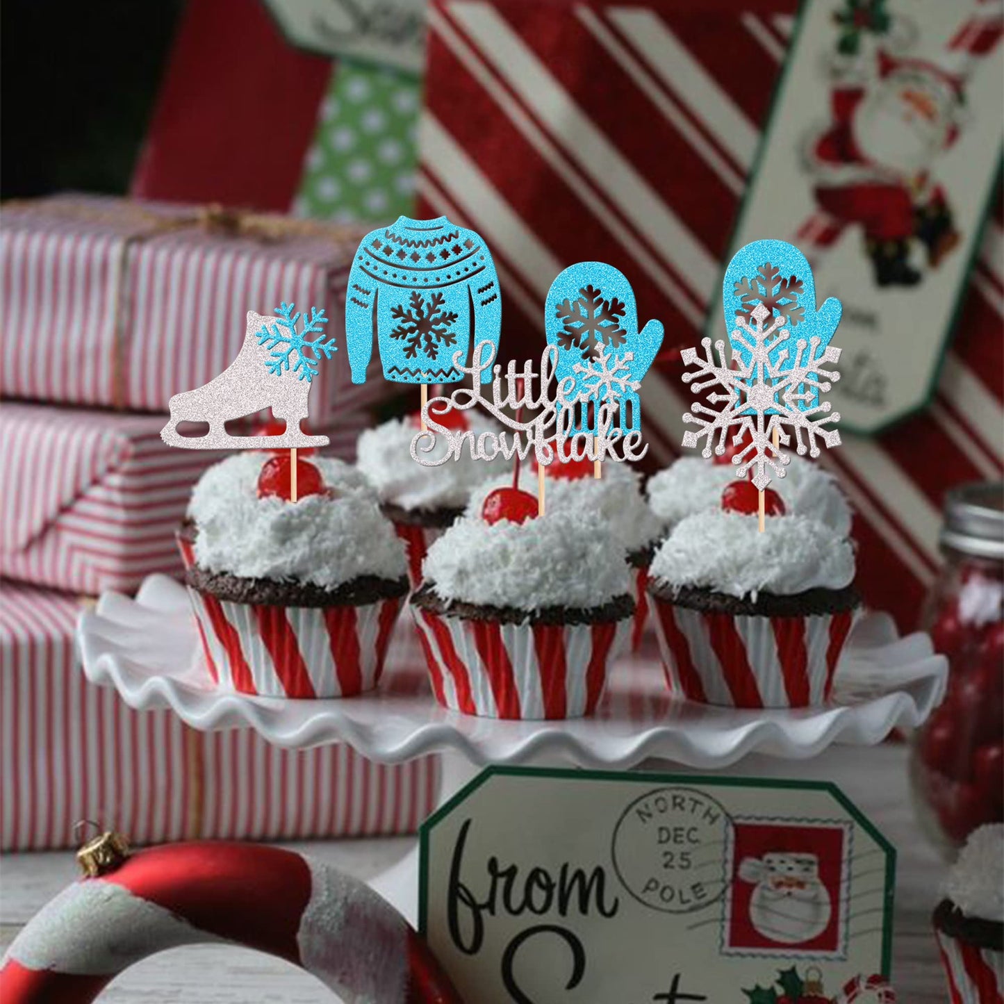 30 Pcs Snowflake Cupcake Toppers Glitter Skate Shoe Gloves Sweater Cupcake Picks For Snowflake Theme Winter Wonderland Baby Show