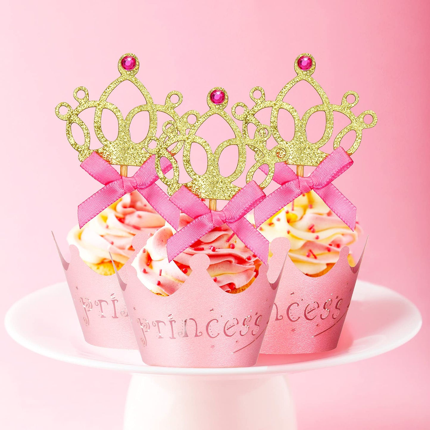 72 Pieces Glittery Princess Cupcake Toppers Crown Cupcake Wrapper Holder Pink Gold Crown Tiara Cupcake Pick Glitter Heart Cupcak