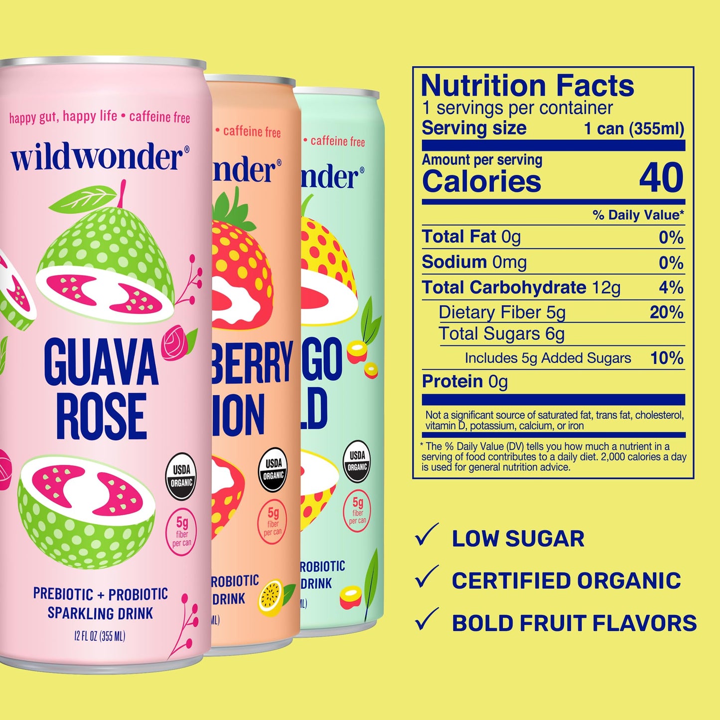 Wildwonder Sparkling Probiotic Juice Drink, Tropical Vibes Variety Pack, 12pk 12oz, Organic, Vegan, Low Sugar, Caffeine Free