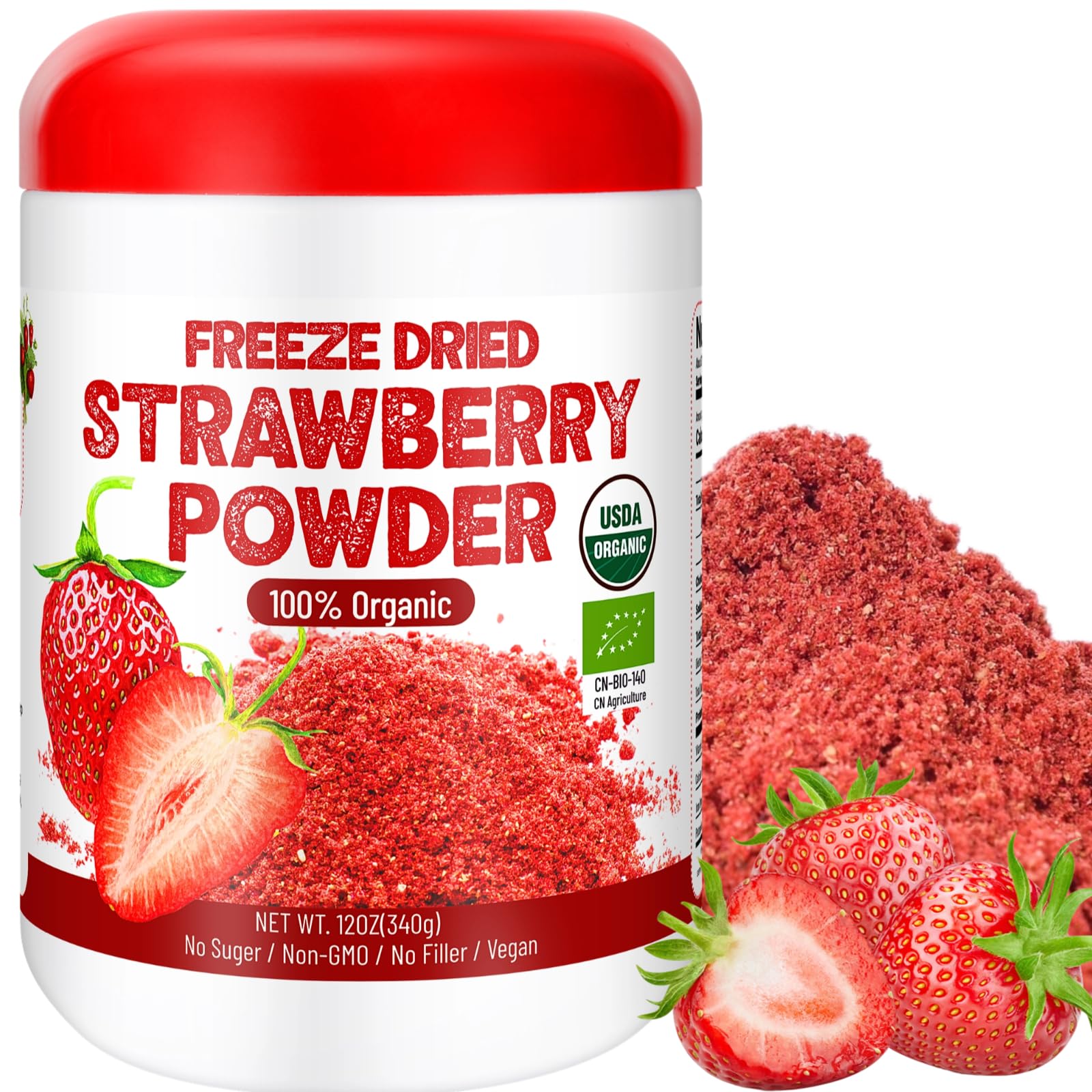 12Oz Organic Freeze Dried Strawberry Powder - 100% Natural Dry Strawberries, No Added Suger, Vegan & Non-GMO, Strawberry Powder 
