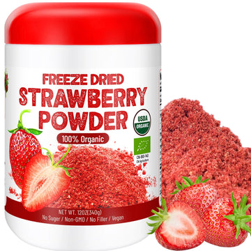 12Oz Organic Freeze Dried Strawberry Powder - 100% Natural Dry Strawberries, No Added Suger, Vegan & Non-GMO, Strawberry Powder 