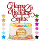 EDSG Happy Birthday Cake Topper Personalized Double-Sided Glitter 7x4 inches Red