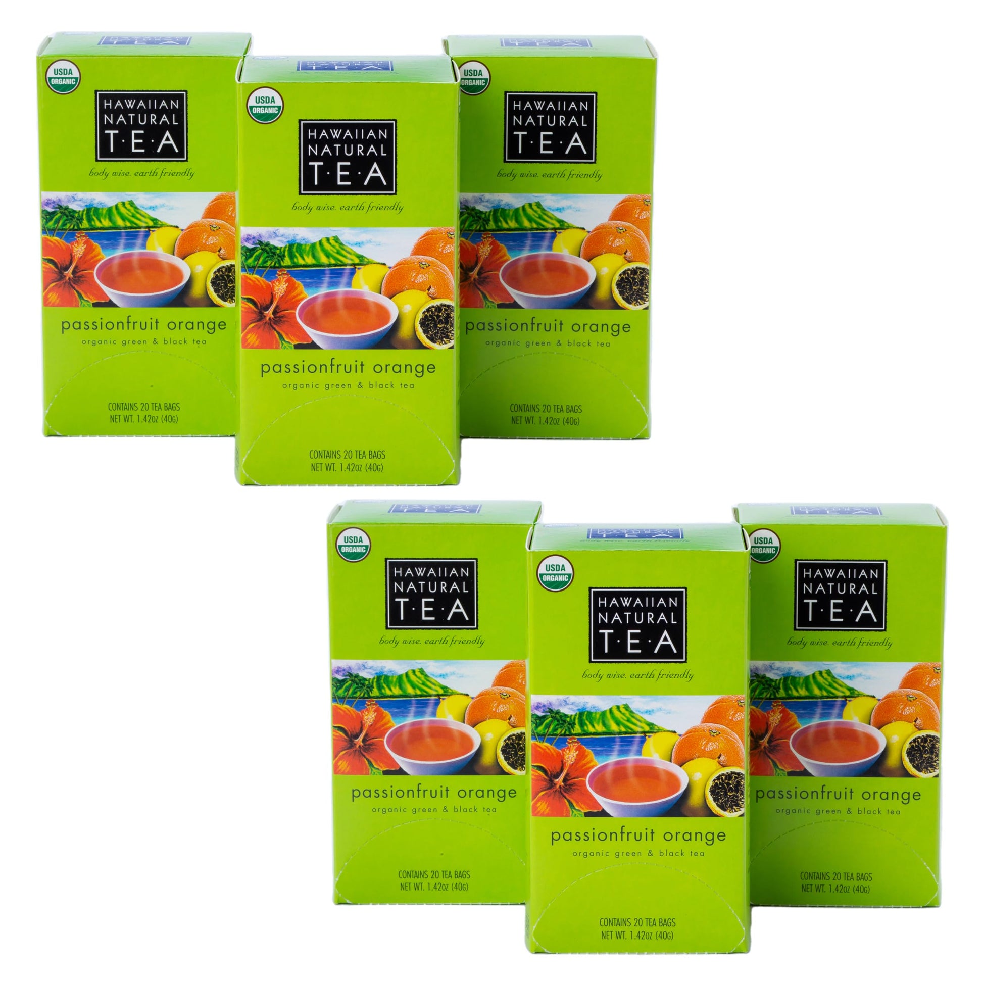 HAWAIIAN NATURAL T·E·A Organic Tropical Fruit Green Tea, Passion Fruit Orange Flavor, 120 Tea Bags, 20 Count (Pack of 6)
