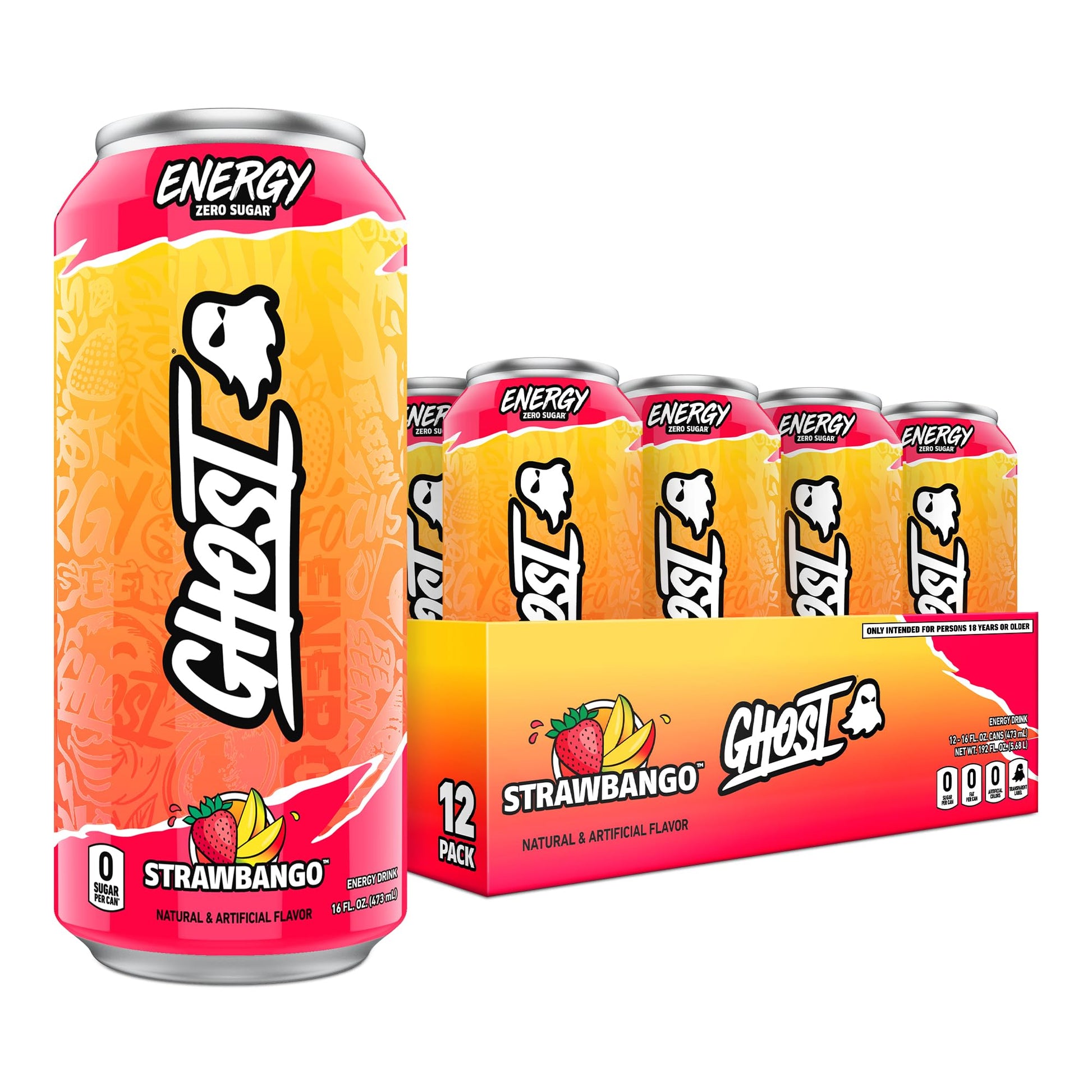 GHOST Energy Drink - 12-Pack Strawbango - 16oz - Gluten-Free, Vegan, 200mg Natural Caffeine, No Artificial Colors