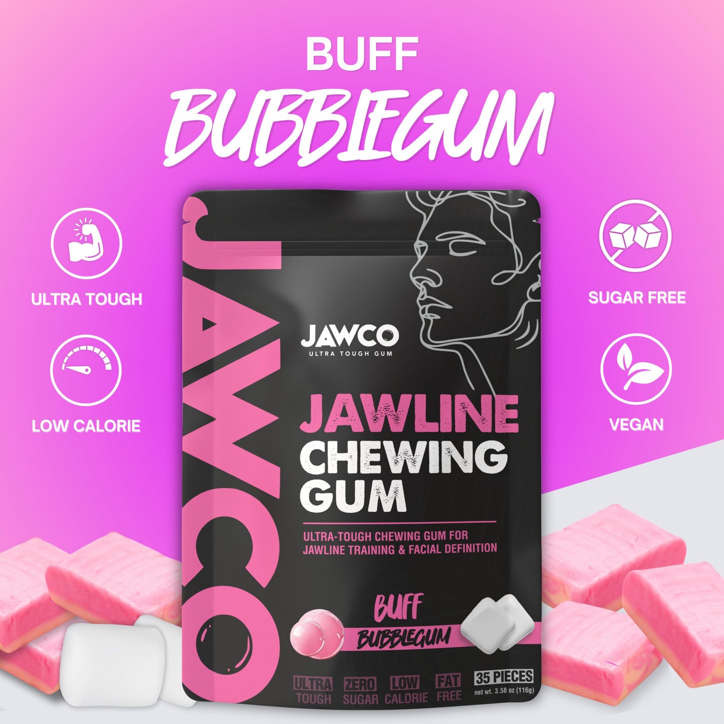JAWCKO Ultra-Tough Jawline Chewing Gum | Get a Stronger, Squarer Jawline | Bubblegum Jaw Training Hard Gum | 15X Strength | Chis