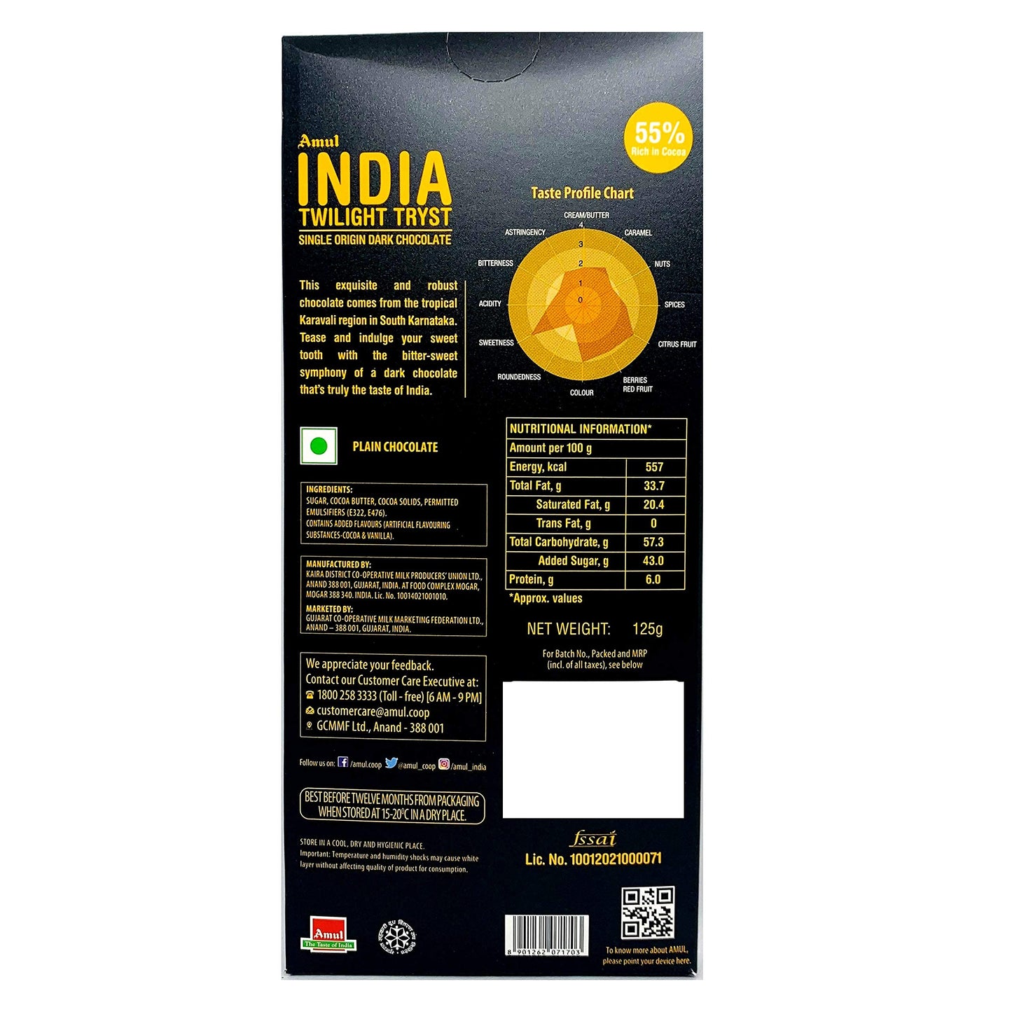Amul India Twilight Tryst Dark Chocolate, 125Gm