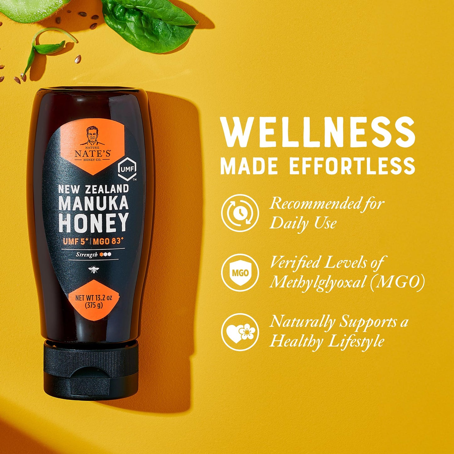 Nature Nates Raw Manuka Honey MGO 83+ UMF Certified 5+ 13.2 oz Squeeze Bottle