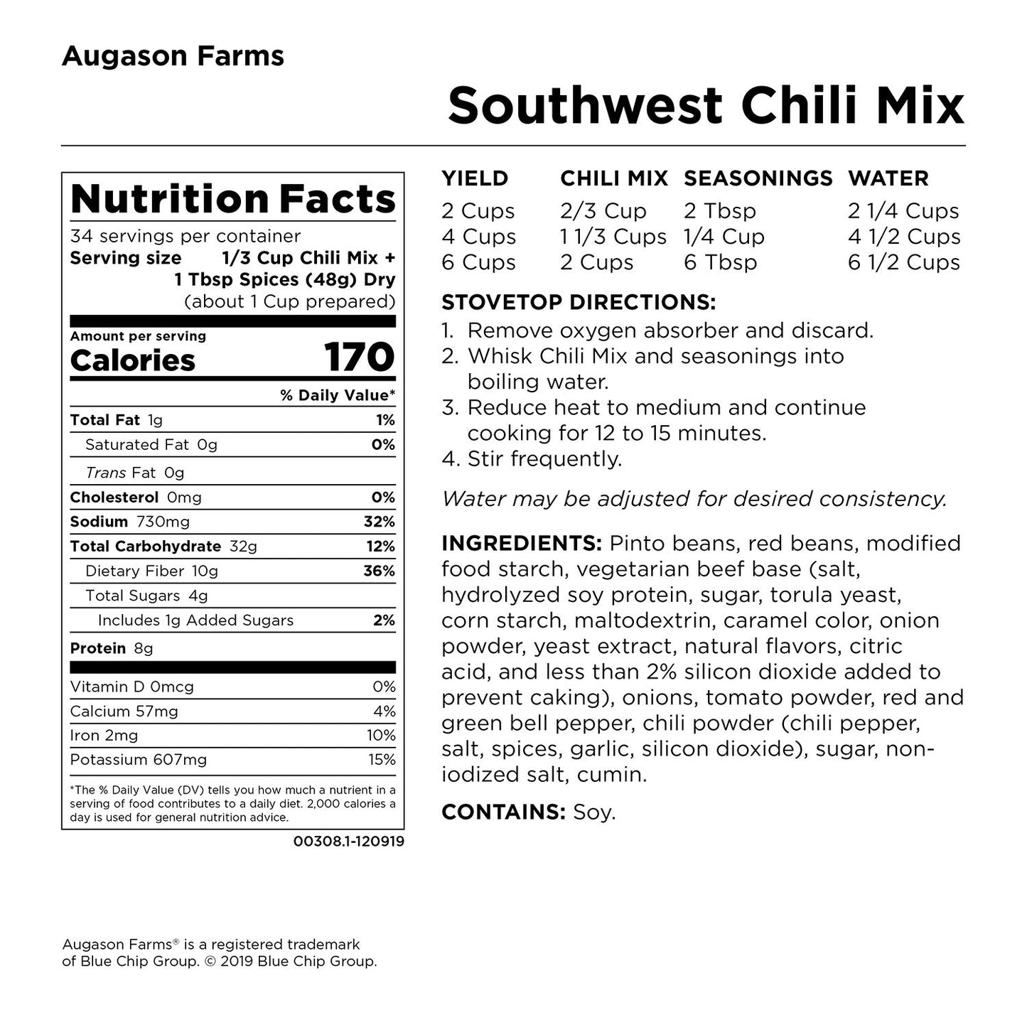 Augason Farms Southwest Chili Mix Can, Certified Gluten Free, Emergency Food Supply, Everyday Meals, 34 Servings