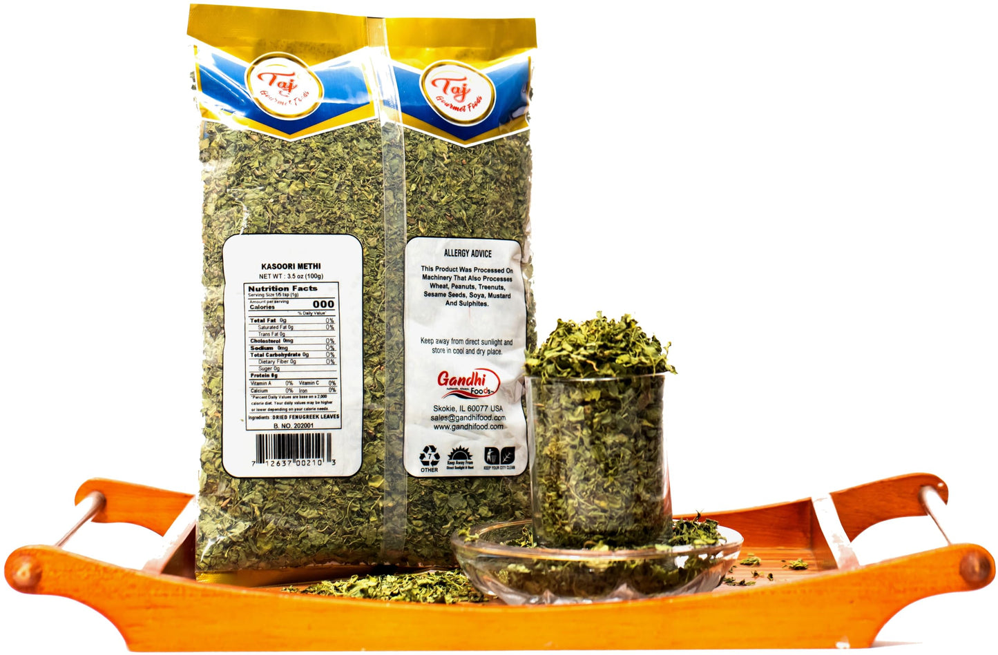 TAJ Kasoori Methi, Dried Fenugreek Leaves Pouch | 100g (3.5oz)