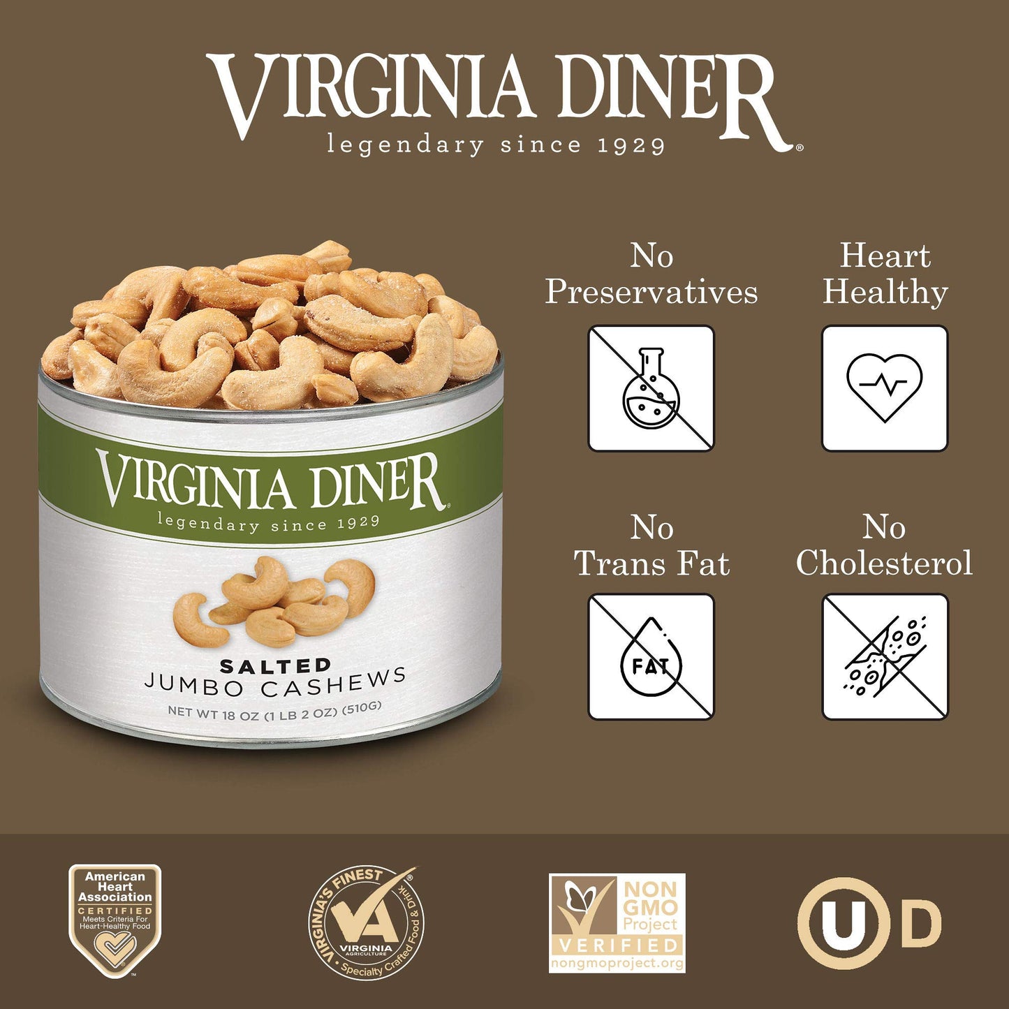 Virginia Diner Jumbo Salted Cashews, Non-GMO, Preservative Free, 18 Oz Can