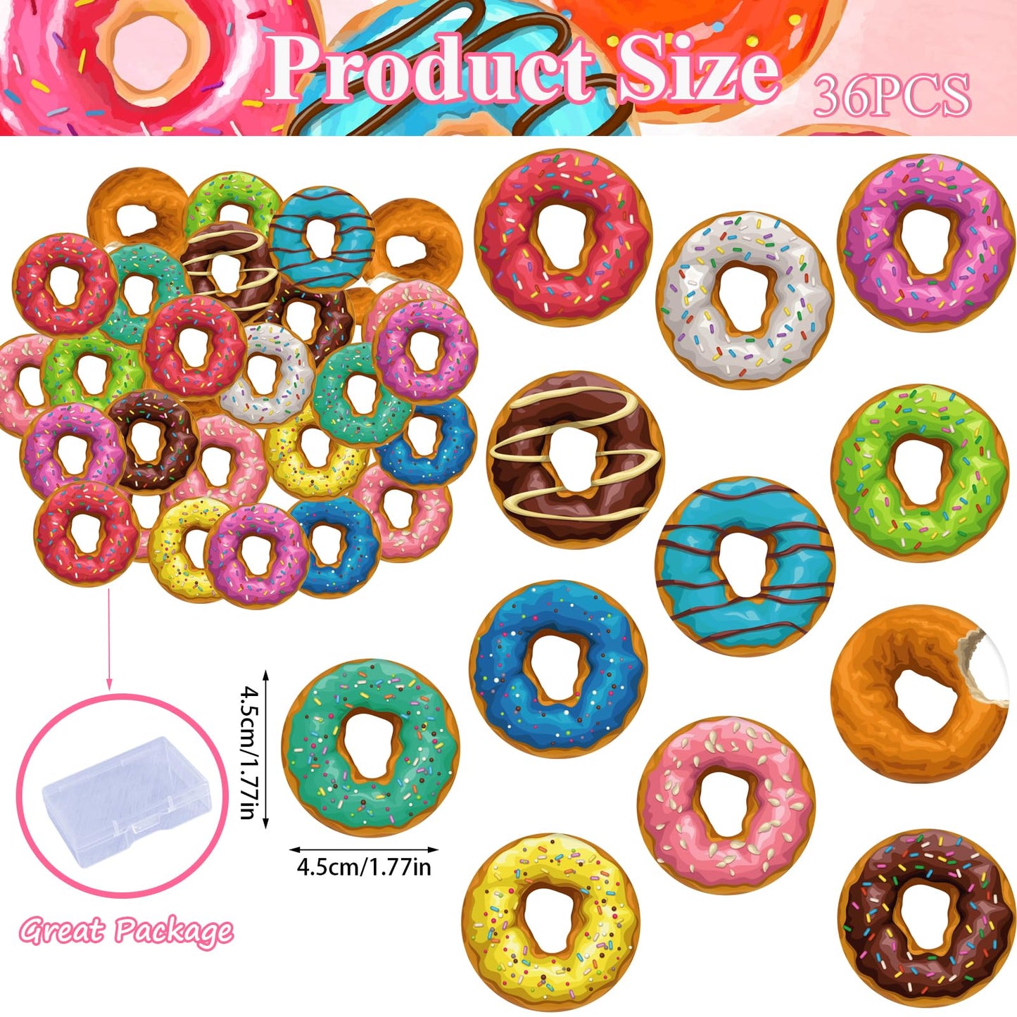 Fyeoxle 36Pcs Edible Donut Cupcake Toppers Wafer Paper Sweet Donuts Cupcake Picks Edible Donut Party Cupcake Decorations For Swe