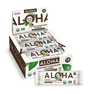 ALOHA Organic Plant Based Protein Bars - Vegan, Low Sugar, Gluten-Free, 12 Count, Chocolate Coconut Almond, Model 0842096109119