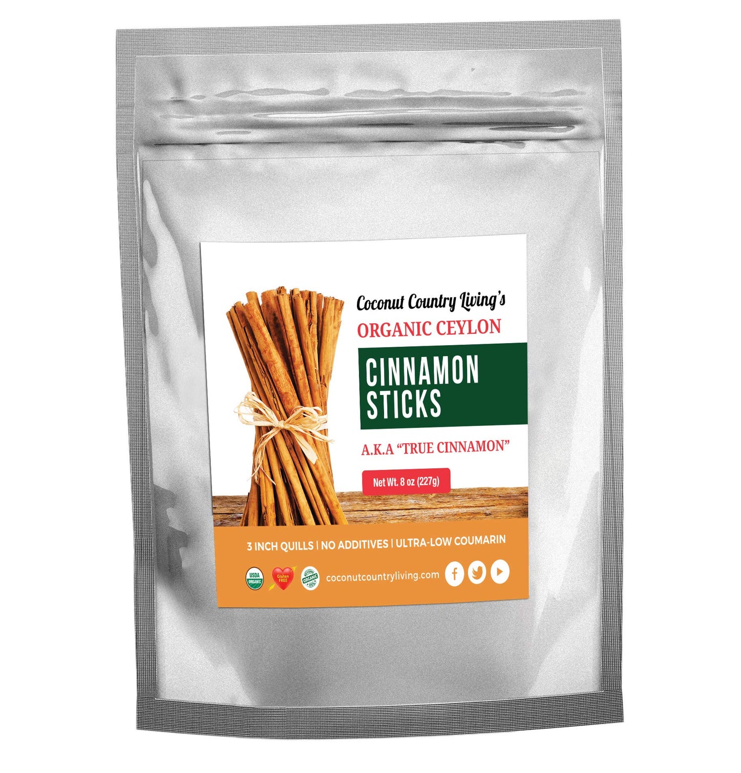 Coconut Country Living Organic Ceylon Cinnamon Sticks, Fair Trade, Gluten Free, 8 oz