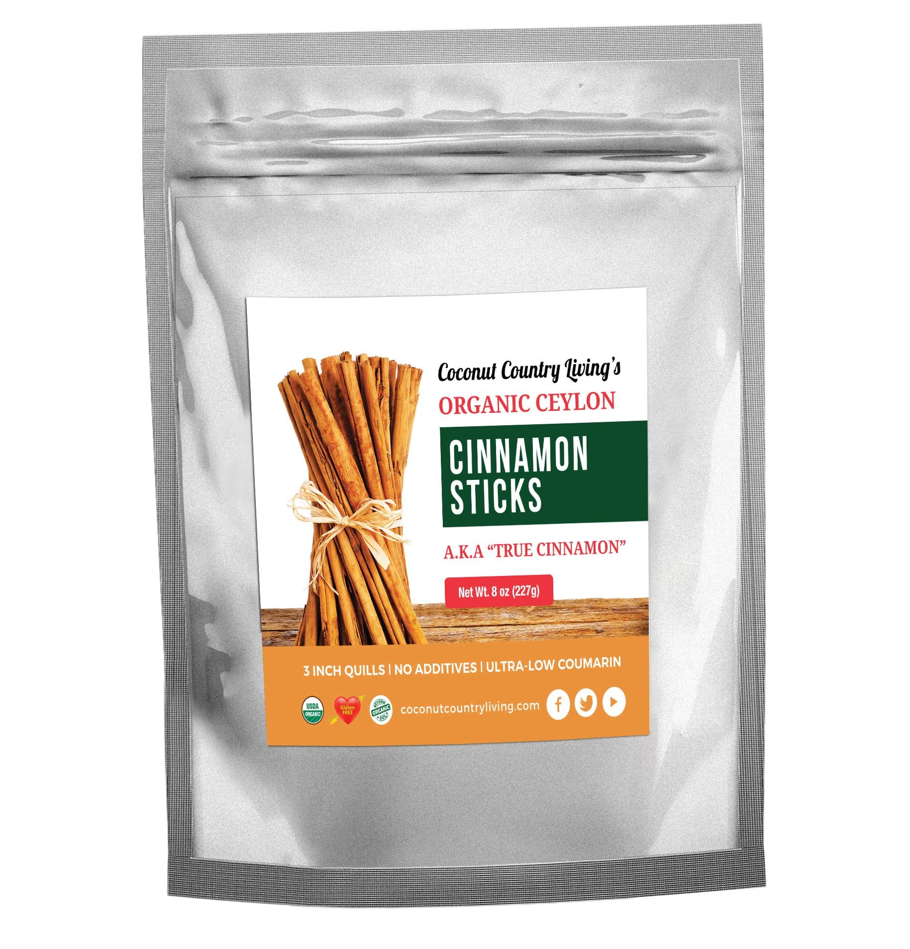 Coconut Country Living Organic Ceylon Cinnamon Sticks, Fair Trade, Gluten Free, 8 oz