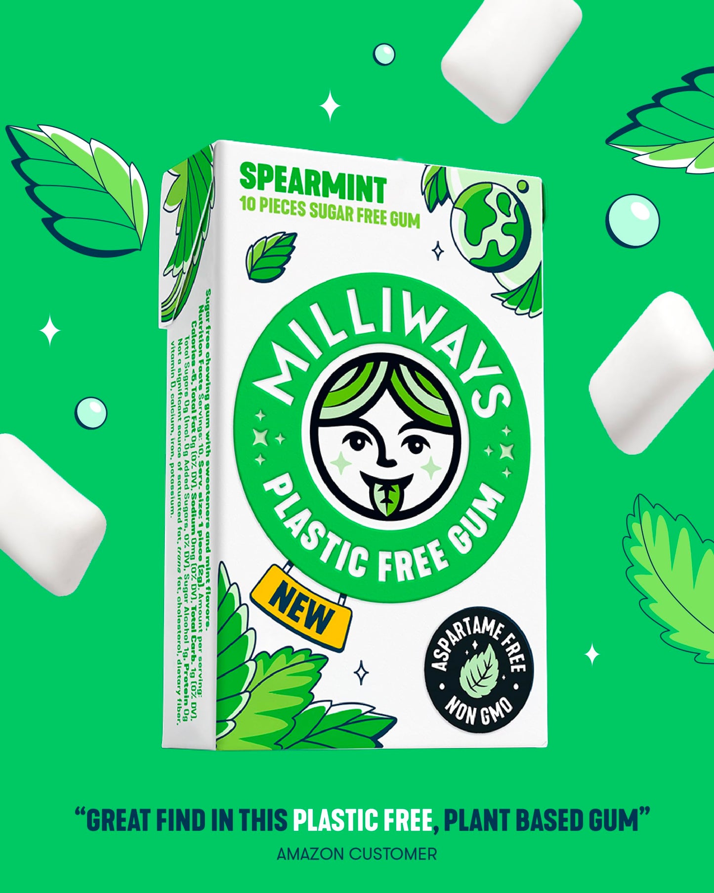 Milliways Spearmint | Plastic Free Gum | Xylitol  Aspartame-Free  Sugar-Free  Plant-Based  Natural Chewing Gum | 120 Pieces Total (12 Packs of 10 Pieces)