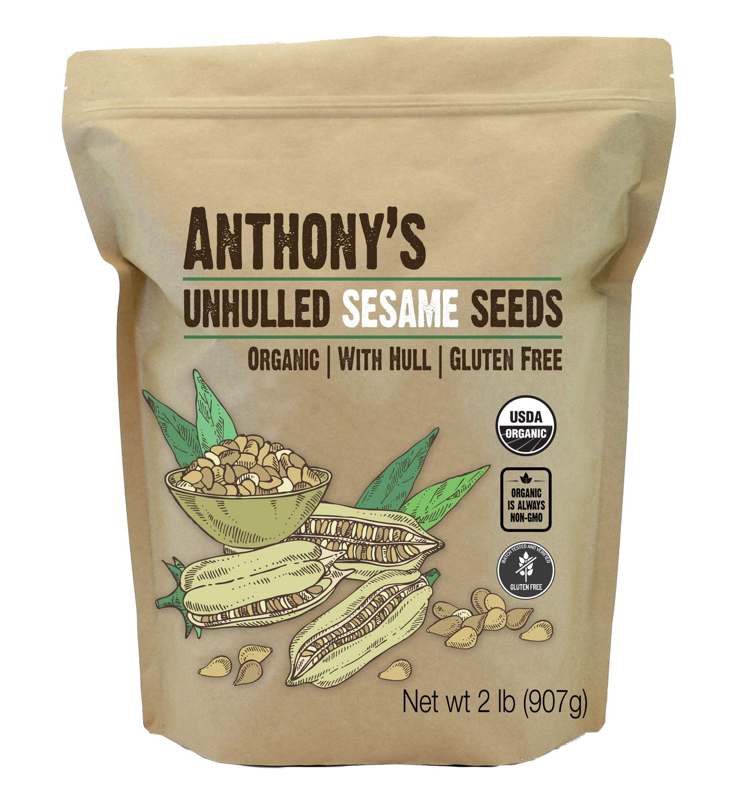 Anthonys Sesame Seeds, 2 lb, Unhulled, Batch Tested and Verified Gluten Free, With Hull, Keto Friendly