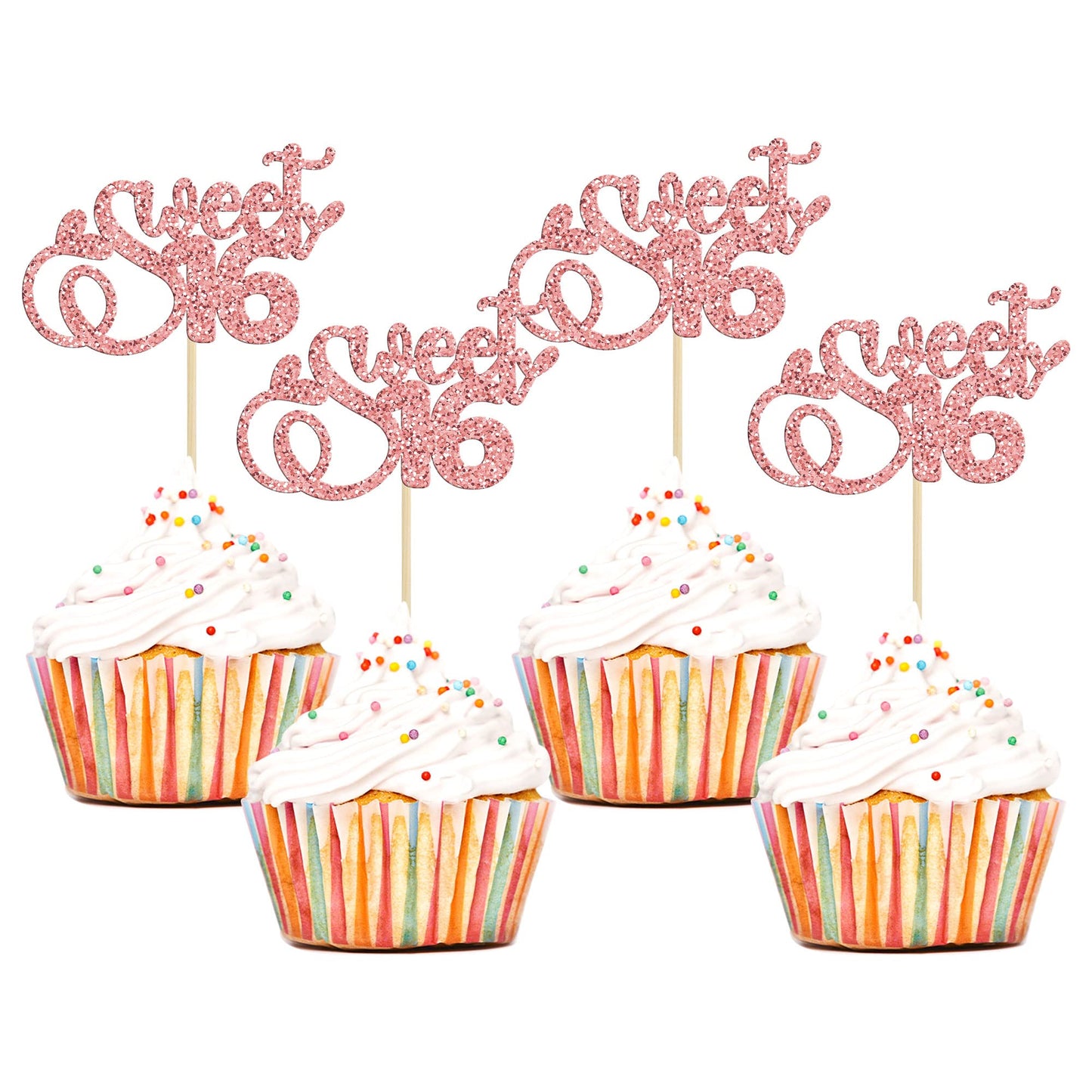 24Pcs Sweet 16 Cupcake Toppers Glitter Sixteen 16Th Birthday Cupcake Picks Cheers To 16 Years Old Cupcake Decorations For 16Th B