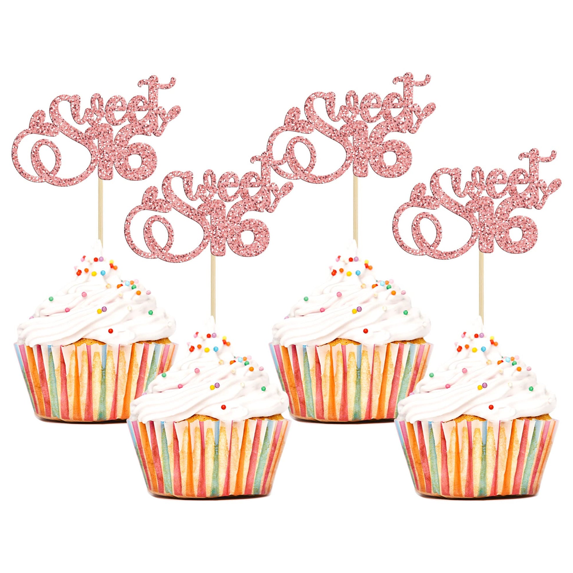 24Pcs Sweet 16 Cupcake Toppers Glitter Sixteen 16Th Birthday Cupcake Picks Cheers To 16 Years Old Cupcake Decorations For 16Th B