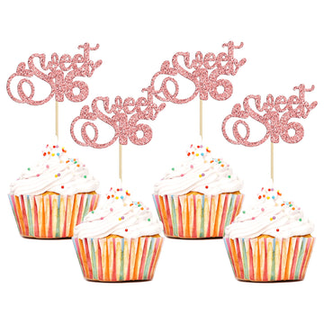 24Pcs Sweet 16 Cupcake Toppers Glitter Sixteen 16Th Birthday Cupcake Picks Cheers To 16 Years Old Cupcake Decorations For 16Th B