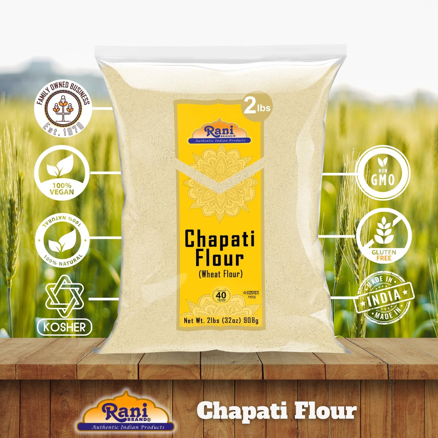 Rani Chapati Flour (100% Pure Whole Wheat Atta), For Making Roti & Indian Breads 32Oz (2Lbs) 908G ~ All Natural | Vegan | No Sal