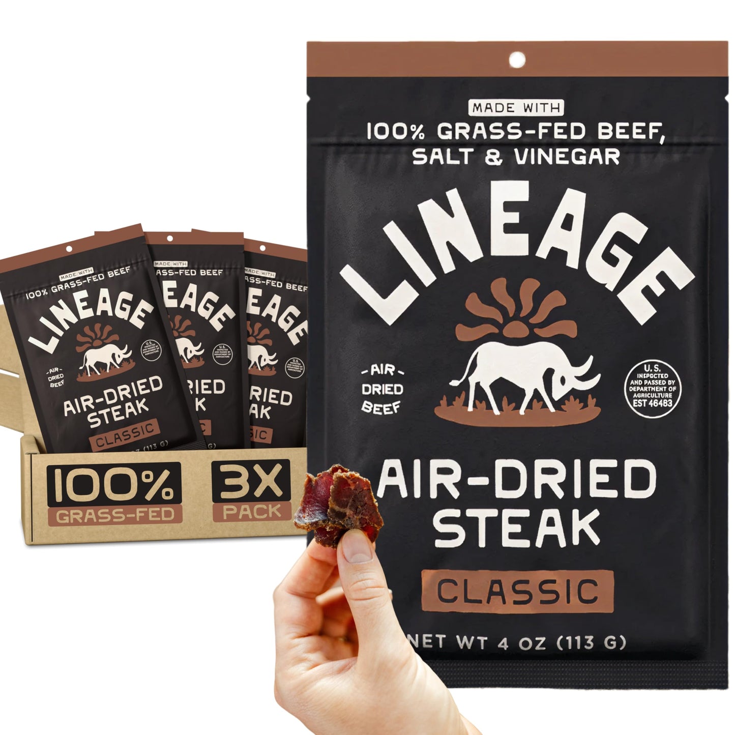 Lineage Provisions 100% Grass Fed Air-Dried Steak - Nutrient-Dense Carnivore Snacks - Tender Beef Jerky Bites - Keto-Friendly Steak Jerky - Zero Sugar  Zero Carbs - 64 grams of protein - 3-Pack