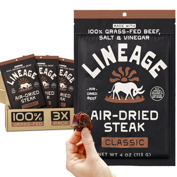 Lineage Provisions 100% Grass Fed Air-Dried Steak - Nutrient-Dense Carnivore Snacks - Tender Beef Jerky Bites - Keto-Friendly Steak Jerky - Zero Sugar  Zero Carbs - 64 grams of protein - 3-Pack