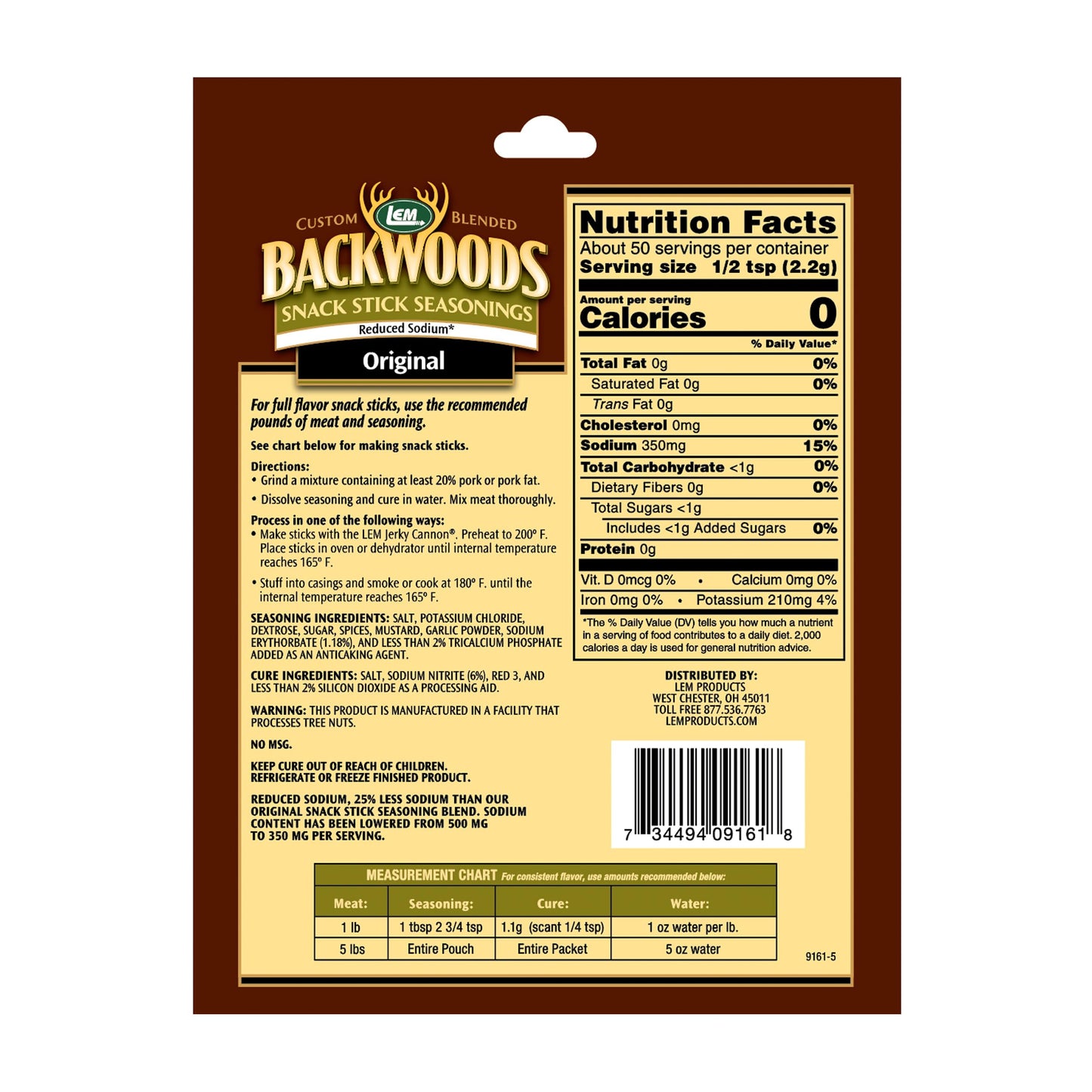 LEM Backwoods Reduced Sodium Snack Stick Seasoning, Seasons Up to 5 lbs, 3.9 Ounce Packet, Model 9161