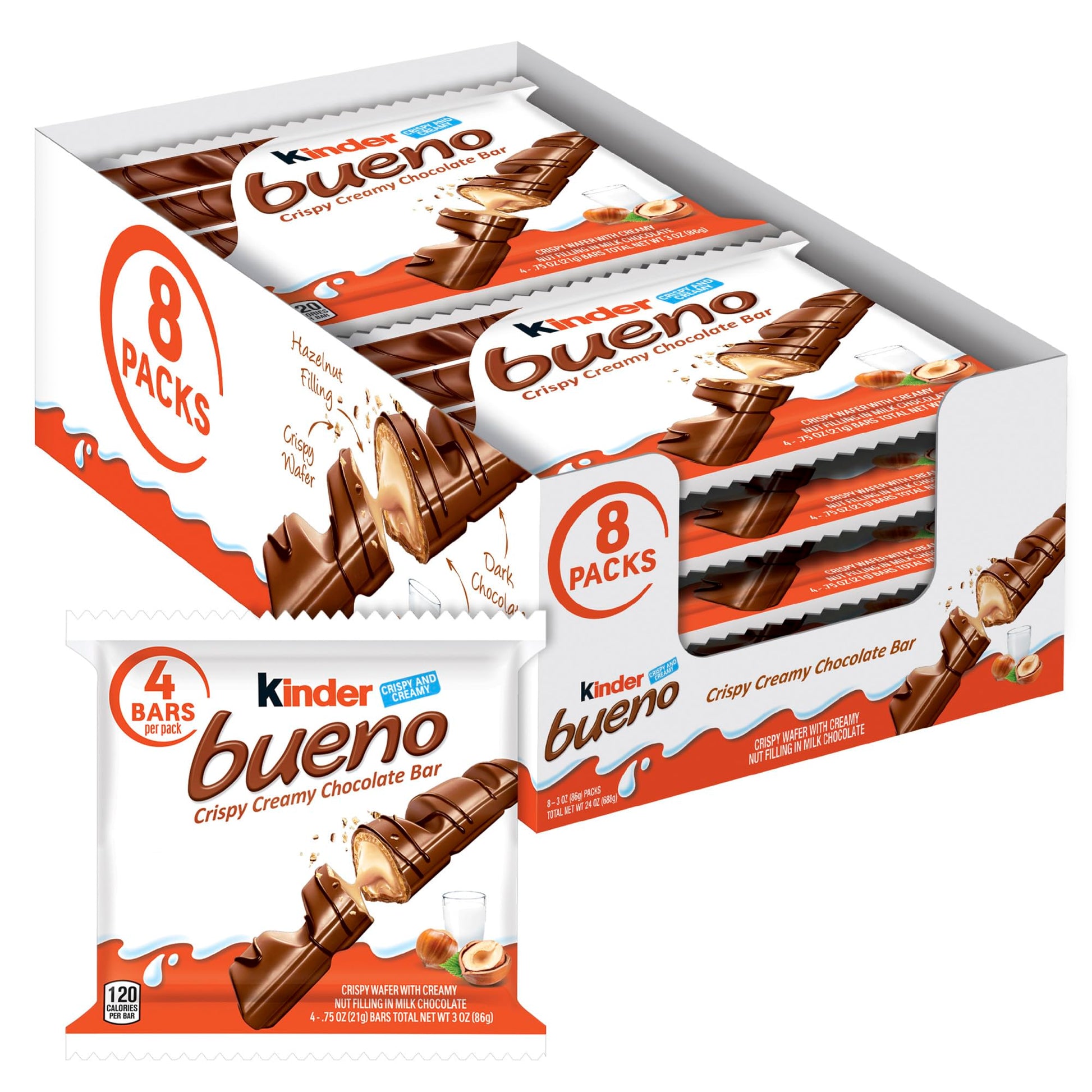 Kinder Bueno Milk Chocolate And Hazelnut Cream, Bulk 8 Pack, 4 Bars Per Pack, Individually Wrapped Chocolate Bars, 3 Oz Each
