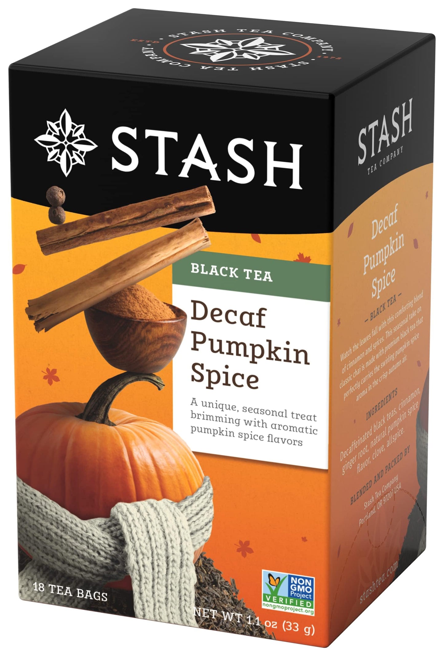 Stash Tea Decaf Pumpkin Spice Black Tea - Decaf  Non-GMO Project Verified enhanced Tea with No Artificial Ingredients  18 Count (Pack of 6) - 108 Bags Total