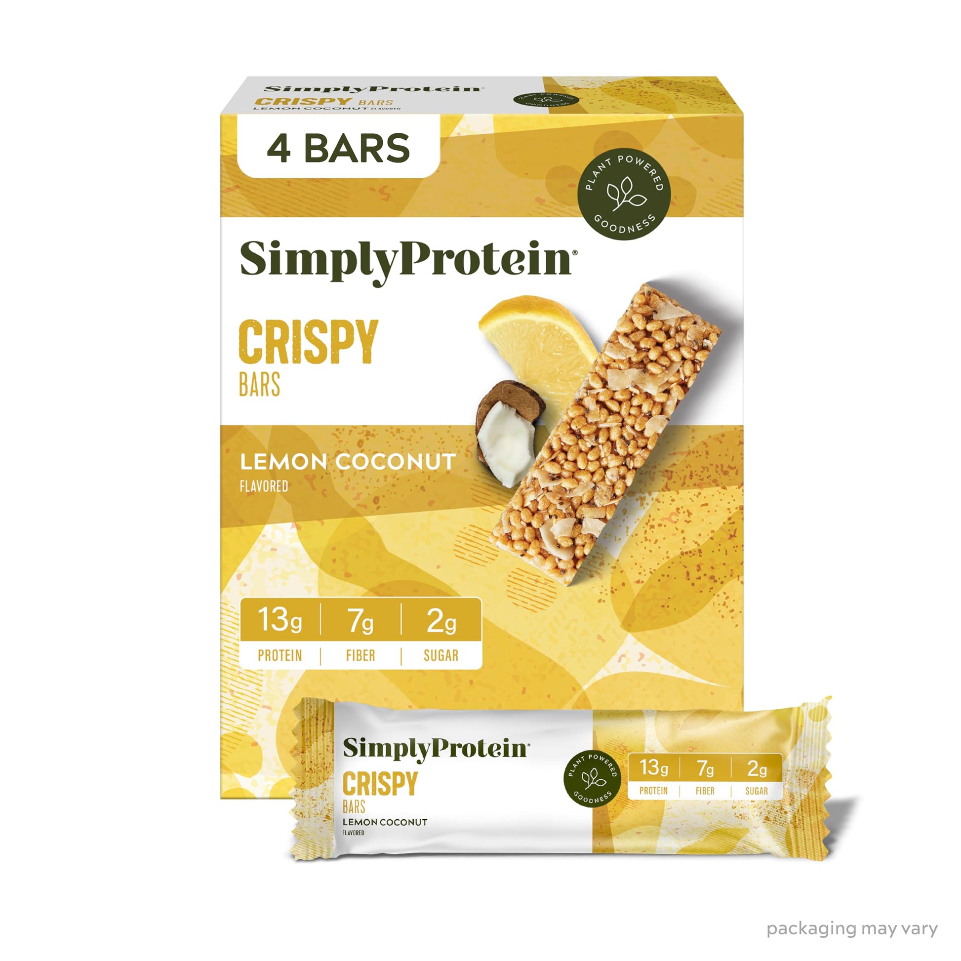 Simply Protein - Lemon Coconut Crispy Bars - Plant Based Protein Bars - Low Carb, Low Sugar, High Fiber - 13G Protein, 2G Sugar,