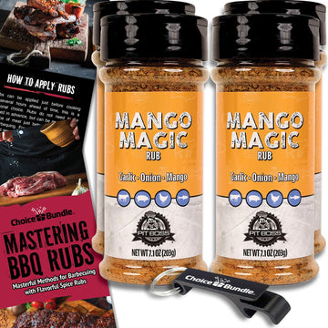 Pit Boss Mango Magic Premium BBQ Barbecue Mixed Seasoning Spice & Dry Rub 4 pk Choice Bundle (28.4 oz) + Guide & Keychain Bottle